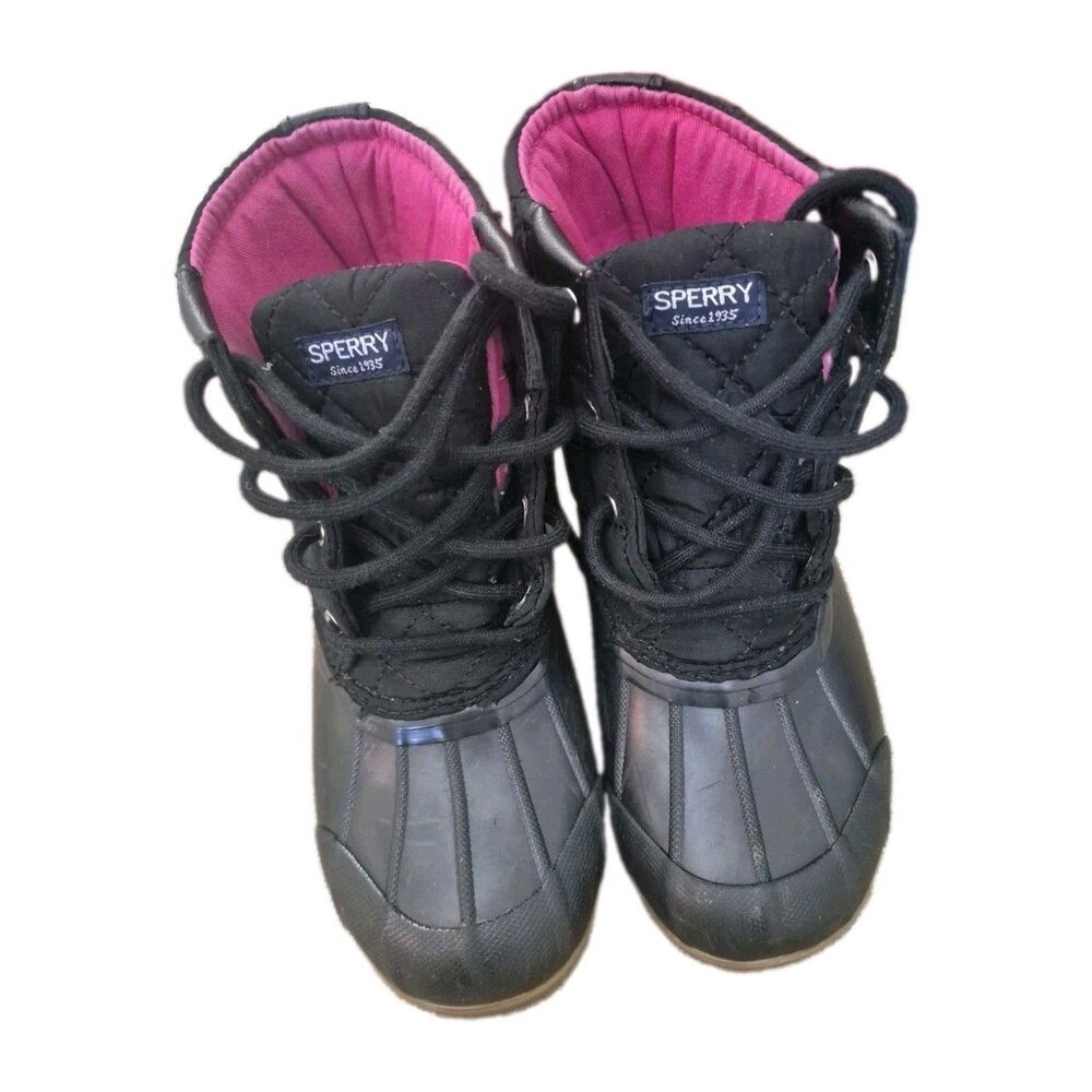 Sperry Girls Duck Boot Black/Pink Lace Up Textile Ankle Boot US 2 M EU 33.5